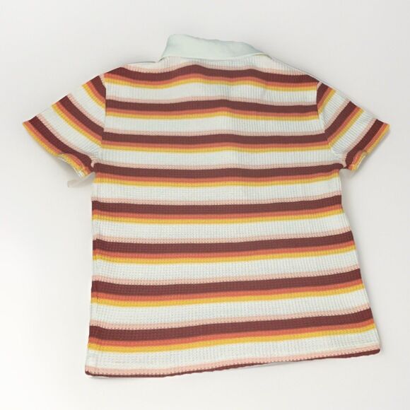 Retro Striped Polo Knit Top Medium Vintage Fall Collared Shirt 70s Y2K Short - Picture 3 of 3